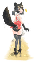 Rule 34 | 1girl, alternate costume, animal ears, apron, arm at side, ass, aye-aye (kemono friends), back bow, bare shoulders, black hair, black panties, blonde hair, bow, brown eyes, colored inner hair, frilled apron, frills, full body, furrowed brow, gloves, hair over one eye, high heels, highres, kemono friends, lemur ears, lemur tail, long hair, looking at viewer, looking back, mikan toshi, multicolored hair, no pants, open mouth, panties, pink hair, shiny clothes, shirt, shoes, skindentation, sleeveless, sleeveless shirt, solo, tail, thigh gap, thighhighs, twintails, twisted torso, underwear, walking, white apron