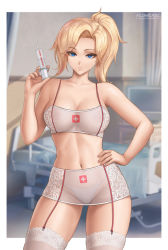 Rule 34 | 1girl, alternate costume, artist name, bed, bike shorts, blonde hair, blue eyes, blurry, blurry background, border, bra, breasts, cleavage, contrapposto, cowboy shot, flowerxl, garter straps, hand on own hip, holding, holding syringe, hospital, hospital bed, large breasts, linea alba, looking at viewer, mercy (overwatch), navel, needle, nurse, outside border, overwatch, overwatch 1, ponytail, see-through, skin tight, solo, standing, syringe, thighhighs, thighs, underwear, white border, white bra, white thighhighs