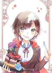 Rule 34 | 1girl, :d, bad id, bad twitter id, blue flower, blue rose, brown hair, cake, cape, emo (ricemo), flower, food, food on face, fork, grey eyes, hair between eyes, holding, holding fork, holding plate, looking at viewer, neck ribbon, open mouth, plate, red cape, red flower, red ribbon, ribbon, rose, ruby rose, rwby, shirt, short hair, smile, solo, twitter username, upper body, white shirt