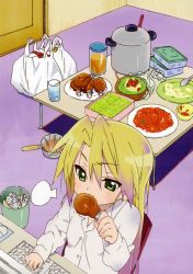 Rule 34 | 00s, 1girl, absurdres, blonde hair, computer, eating, female focus, green eyes, groceries, highres, indoors, keyboard (computer), kuroi nanako, lonely, lucky star, multicolored hair, solo, tsurime