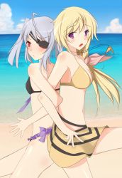 Rule 34 | 10s, bikini, blonde hair, charlotte dunois, eyepatch, infinite stratos, jewelry, laura bodewig, mozya, necklace, purple eyes, red eyes, ribbon, silver hair, swimsuit, twintails