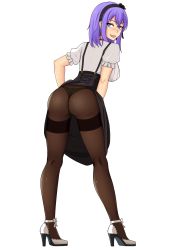 Rule 34 | 1girl, ass, black flower, black hairband, black panties, black pantyhose, black rose, blouse, blue eyes, blush, breasts, clothes lift, dagashi kashi, flower, frilled sleeves, frills, from behind, full body, hair flower, hair ornament, hairband, high-waist skirt, high heels, highres, kyohaii, large breasts, long skirt, looking at viewer, looking back, nose blush, open mouth, panties, panties under pantyhose, pantyhose, puffy short sleeves, puffy sleeves, purple hair, ringed eyes, rose, shidare hotaru, shirt, shoes, short hair, short sleeves, simple background, skirt, skirt lift, smile, solo, suspender skirt, suspenders, thighband pantyhose, thong, underwear, white background, white footwear, white shirt