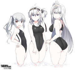 Rule 34 | 3girls, anchor symbol, ass, bad id, bad twitter id, bare arms, bare legs, bare shoulders, black headband, black one-piece swimsuit, blue eyes, breasts, brown eyes, closed mouth, clothes writing, competition swimsuit, cowboy shot, fuyutsuki (kancolle), grey eyes, grey hair, groin, hachimaki, hair between eyes, headband, kantai collection, kasumi (kancolle), long hair, medium breasts, multiple girls, one-piece swimsuit, one side up, open mouth, shigino sohuzi, side ponytail, simple background, smile, suzutsuki (kancolle), swimsuit, white background, white hair, white headband