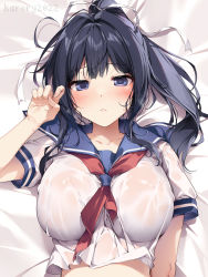 Rule 34 | 1girl, bed sheet, black hair, blue sailor collar, blush, breasts, closed mouth, collarbone, commentary, hair between eyes, hair ribbon, highres, karory, large breasts, long hair, looking at viewer, lying, on back, original, ponytail, purple eyes, ribbon, sailor collar, school uniform, serafuku, shirt, short sleeves, sidelocks, solo, symbol-only commentary, upper body, watermark, wet, wet clothes, wet shirt, white shirt