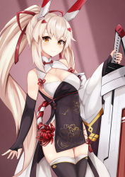 Rule 34 | 1girl, alternate costume, ayanami (azur lane), ayanami (lunar demon) (azur lane), ayanami (lunar demon) (azur lane), azur lane, bare shoulders, black gloves, black thighhighs, blonde hair, blush, breasts, cleavage, cleavage cutout, closed mouth, clothing cutout, cowboy shot, detached sleeves, elbow gloves, fingerless gloves, floral print, flower, gloves, hair between eyes, hair ornament, hair ribbon, hand up, headgear, high ponytail, highres, holding, holding sword, holding weapon, kouhaku nawa, long hair, long sleeves, looking at viewer, medium breasts, orange eyes, pelvic curtain, ponytail, red eyes, red flower, red ribbon, ribbon, rope, ryara, shimenawa, side slit, sidelocks, single detached sleeve, smile, solo, spider lily, standing, sword, thighhighs, thighs, very long hair, weapon, wide sleeves