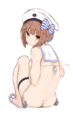 Rule 34 | 1girl, :&lt;, absurdres, ass, back, bare back, bare legs, barefoot, bikini, blush, brown eyes, brown hair, butt crack, closed mouth, full body, goekawa, hat, highres, kantai collection, one-hour drawing challenge, sailor hat, sandals, short hair, signature, simple background, solo, swimsuit, v-shaped eyebrows, white background, white bikini, white hat, z3 max schultz (kancolle)