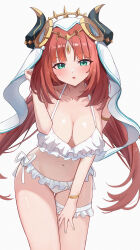 Rule 34 | 1girl, :o, absurdres, aftamc, bikini, blue nails, blush, bracelet, breasts, cleavage, collarbone, commentary, dot nose, forehead, frilled bikini, frilled straps, frills, genshin impact, gold trim, green eyes, highres, horns, jewelry, large breasts, leaning forward, looking at viewer, nail polish, navel, nilou (genshin impact), open mouth, parted bangs, red hair, shiny skin, side-tie bikini bottom, simple background, solo, swimsuit, thigh gap, thigh strap, white background, white bikini