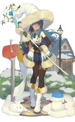 Rule 34 | 1girl, absurdres, aqua eyes, aqua flower, belt, black pantyhose, blue hair, blue necktie, blue skirt, boots, chamchamshia, covered navel, elbow gloves, food, fruit, full body, gloves, grapes, grass, hat, highres, house, lamppost, leaf, long hair, looking at viewer, mailbox (incoming mail), necktie, original, pantyhose, skirt, snow, solo, staff, standing, thigh strap, white footwear, white hat, witch hat