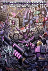 Rule 34 | 6+boys, arm cannon, black eyes, comic cover, cover, cover page, crossed arms, decepticon, foxwire, fujisawa naoyuki, glowing, glowing eyes, helex, highres, kaon (transformers), leaning forward, looking at viewer, mask, mecha, multiple boys, no humans, official art, purple eyes, robot, science fiction, tarn, tesarus, the transformers (idw), transformers, vos, weapon