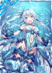 Rule 34 | 1girl, ahoge, akkijin, aqua eyes, armor, blurry, bodysuit, breasts, bubble, card, caustics, cleavage, coral, day, depth of field, faulds, from below, gauntlets, hair between eyes, hair ornament, head tilt, head wings, huge ahoge, ice crystal, jewelry, legs together, leotard, leviathan (shinkai no valkyrie), looking at viewer, low wings, monster girl, necklace, open mouth, outdoors, shinkai no valkyrie, smile, solo, sparkle, swimsuit, tail, underwater, white hair, wings