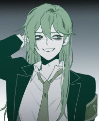 Rule 34 | 1boy, 3cnfw, arm behind head, arm up, bags under eyes, black jacket, collared shirt, green hair, green necktie, hair between eyes, jacket, lobotomy corporation, long hair, long sleeves, looking to the side, male focus, necktie, nervous smile, netzach (project moon), pale skin, parted lips, project moon, shirt, sidelocks, smile, solo, upper body, very long hair, white shirt, wing collar