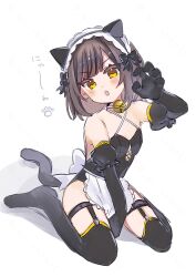 Rule 34 | 1girl, alternate costume, animal ears, apron, bare shoulders, bell, between legs, black bow, black gloves, black hair, black leotard, black thighhighs, blush, bow, cat ears, cat tail, claw pose, commentary request, denonbu, elbow gloves, fake animal ears, fake tail, frilled apron, frills, full body, garter straps, gloves, hair bow, hand between legs, hand up, highres, jingle bell, kurogane tama, leotard, looking at viewer, maid, maid headdress, mii (mii chan11), open mouth, short hair, sitting, solo, tail, thigh strap, thighhighs, unconventional maid, waist apron, wariza, white apron, white background, yellow eyes