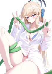 Rule 34 | 1girl, bikini, blonde hair, blue archive, blue bikini, blue eyes, blush, bottomless, bow, breasts, cleavage, commentary, cosplay, double w, fingernails, hair bow, halo, hanako (blue archive), hanako (blue archive) (cosplay), hanako (swimsuit) (blue archive), highres, holding, holding hose, hose, knee up, looking at viewer, medium breasts, nail polish, oversized clothes, oversized shirt, shirt, simple background, smile, solo, swimsuit, toki (blue archive), w, white background, white shirt, yampa