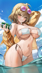 Rule 34 | 1girl, absurdres, ahoge, anis (nikke), anis (sparkling summer) (nikke), bikini, blush, breasts, brown hair, can, drink can, eyepatch bikini, eyewear on head, goddess of victory: nikke, grin, groin, haku (liiixixixiii), highleg, highleg bikini, highres, holding, holding can, huge breasts, jacket, jacket partially removed, looking at viewer, navel, official alternate costume, open clothes, open jacket, outdoors, short hair, side-tie bikini bottom, sideboob, skindentation, smile, solo, stomach, swimsuit, thighs, tinted eyewear, underboob, wading, water drop, white bikini, yellow jacket