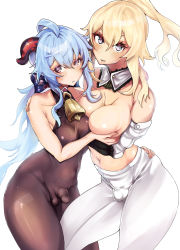 Rule 34 | 2girls, asymmetrical docking, blonde hair, blue hair, bodysuit, grabbing another&#039;s breast, breast press, breasts, bulge, cleavage, collar, cowbell, detached sleeves, futa with futa, futanari, ganyu (genshin impact), genshin impact, grabbing, hair ribbon, hand on another&#039;s hip, highres, horns, hug, jean (genshin impact), large breasts, looking at viewer, multiple girls, paintingbirad, pants, penis, ponytail, ribbon, see-through, simple background, testicles, tight clothes, tight pants, topless, white background, white pants