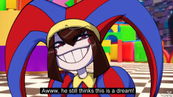 Rule 34 | 1girl, 3d background, blue eyes, blue headwear, blush stickers, brown hair, clenched teeth, colored skin, commentary, english commentary, english text, fake screenshot, hat, hat bell, indoors, jester, jester cap, looking at viewer, multicolored clothes, multicolored headwear, personality switch, pomni (the amazing digital circus), portrait, puffy short sleeves, puffy sleeves, red eyes, red headwear, short sleeves, striped clothes, striped headwear, subtitled, teeth, the amazing digital circus, theinkyway, two-tone eyes, vertical-striped bodysuit, vertical-striped clothes, vertical-striped headwear, white skin