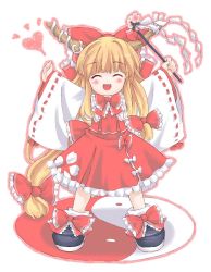 Rule 34 | 1girl, blush, bow, cherry blossoms, closed eyes, cosplay, female focus, flower, frilled skirt, frills, gohei, hair bow, hakurei reimu, hakurei reimu (cosplay), happy, heart, horns, ibuki suika, japanese clothes, miko, multiple hair bows, outstretched arms, skirt, skirt set, smile, solo, spread arms, standing, tm (gf-tm), touhou, wide sleeves, yin yang