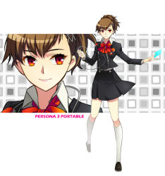 Rule 34 | 1girl, bad id, bad pixiv id, brown hair, card, digital media player, hair ornament, hairclip, headphones, persona, persona 3, persona 3 portable, red eyes, ron (lovechro), school uniform, shiomi kotone, short hair, skirt, smile, solo, white background, zoom layer