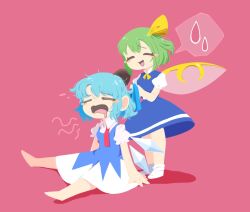 Rule 34 | 2girls, adjusting another&#039;s hair, barefoot, blue dress, blue hair, blue skirt, blue vest, blush stickers, cirno, closed eyes, collared shirt, comb, daiyousei, detached wings, dress, drooling, fairy, fairy wings, green hair, holding, holding comb, ice, ice wings, long hair, mouth drool, multiple girls, open mouth, pinafore dress, pink background, puffy short sleeves, puffy sleeves, shinsei tomato, shirt, short hair, short sleeves, side ponytail, simple background, skirt, sleeveless, sleeveless dress, smile, spoken sweatdrop, sweatdrop, touhou, vest, white shirt, wings