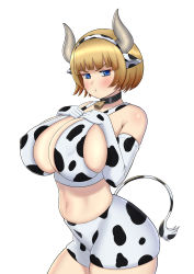 Rule 34 | 1girl, absurdres, animal ears, animal print, blonde hair, blue eyes, blunt bangs, blush, breasts, cameltoe, cleavage, cow ears, cow horns, cow print, cow tail, cowbell, curvy, elbow gloves, fake animal ears, fake horns, fake tail, gloves, hairband, hand on own chest, highres, horns, huge breasts, iceringer, midriff, navel, original, pout, short hair, shorts, solo, stomach, tail, thick thighs, thighs, tight clothes, white background