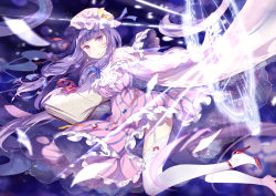Rule 34 | 1girl, blue ribbon, blunt bangs, book, bow, capelet, crescent, crescent hair ornament, domotolain, dress, garter straps, hair ornament, hair ribbon, hat, high heels, long hair, long sleeves, magic circle, mob cap, patchouli knowledge, purple dress, purple eyes, purple hair, red bow, red footwear, red ribbon, ribbon, shoes, sidelocks, solo, striped clothes, striped dress, thighhighs, touhou, white thighhighs
