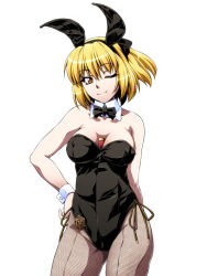 Rule 34 | 1girl, alternate costume, animal ears, bad id, bad pixiv id, bare shoulders, between breasts, blonde hair, blush, bow, bowtie, breasts, cleavage, detached collar, fishnet pantyhose, fishnets, hair bow, kurodani yamame, large breasts, leotard, lighter, one eye closed, ootsuki wataru, pantyhose, playboy bunny, rabbit ears, short hair, simple background, smile, solo, touhou, white background, wink, wrist cuffs, yellow eyes