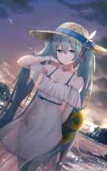 Rule 34 | 1girl, aqua eyes, aqua hair, arm behind back, asahi kuroi, bracelet, bug, butterfly, butterfly on head, cloud, cloudy sky, commentary, cowboy shot, dress, flower, hand in own hair, hand up, hat, hatsune miku, heart, highres, holding, holding flower, insect, jewelry, long hair, looking at viewer, necklace, off-shoulder dress, off shoulder, outdoors, rock, signature, sky, smile, solo, spaghetti strap, standing, straw hat, sundress, sunflower, sunset, twintails, very long hair, vocaloid, water drop, white butterfly, white dress