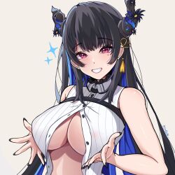 Rule 34 | 1girl, absurdres, asymmetrical horns, bare shoulders, black hair, black nails, blue hair, breasts, colored inner hair, coubalty, demon horns, grey background, grin, hair ornament, heart, highres, hololive, hololive english, horns, large breasts, long hair, looking at viewer, mole, mole under eye, multicolored hair, nerissa ravencroft, nerissa ravencroft (1st costume), red eyes, simple background, smile, solo, two-tone hair, uneven horns, virtual youtuber