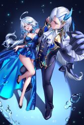 Rule 34 | 1boy, 1girl, :d, absurdres, ahoge, ascot, bare legs, bare shoulders, black footwear, blue dress, blue eyes, blue gloves, blue hair, blue pants, commentary request, dress, furina (genshin impact), genshin impact, gloves, high heels, highres, long hair, looking at viewer, multicolored hair, neuvillette (genshin impact), no headwear, off-shoulder dress, off shoulder, open mouth, pants, ringeko-chan, shoes, short sleeves, smile, streaked hair, thighs, very long hair, white ascot, white hair