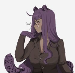 ... 1girl absurdres animal_ears animal_hands artist_name black_nails blunt_bangs breasts brown_eyes brown_shirt buttons cleavage closed_mouth fang glasses hand_up highres katriel_(project_moon) large_breasts long_hair looking_to_the_side ny_000a panther_ears panther_tail purple_hair purple_tail shirt simple_background skin_fang solo speech_bubble spoken_ellipsis sweatdrop tail turning_head upper_body watermark wavy_hair white_background