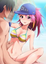 Rule 34 | 10s, 1girl, armlet, baseball cap, bikini, bikini top only, blush, bottomless, breasts, censored, cleavage, cowgirl position, cum, cum in pussy, girl on top, hat, hetero, highres, idolmaster, idolmaster million live!, jewelry, kaiga, long hair, long legs, maihama ayumu, multicolored hair, navel, penis, petite, pink eyes, pink hair, pubic hair, pussy, sex, sitting, sitting on person, smile, solo focus, spread legs, straddling, striped, sweat, swimsuit, vaginal