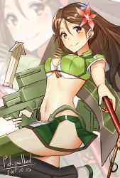 Rule 34 | 1girl, 2017, amagi (kancolle), ass, bad id, bad pixiv id, breasts, brown eyes, brown hair, cleavage, crop top, dated, floating hair, flower, gun, hair between eyes, hair flower, hair ornament, holding, holding gun, holding weapon, kantai collection, leg up, long hair, looking at viewer, medium breasts, microskirt, midriff, mole, mole under eye, navel, pallad, pleated skirt, red flower, short sleeves, signature, skirt, smile, solo, standing, stomach, very long hair, weapon, zoom layer