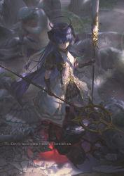 Rule 34 | 1girl, arknights, blue eyes, blue hair, cape, different reflection, english text, from above, gloves, halo, highres, hinoborukaku, horns, long hair, mostima (arknights), mostima (spellbreaker) (arknights), official alternate costume, partially fingerless gloves, reflection, solo, staff, statue