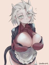 Rule 34 | 1girl, :/, absurdres, alternate breast size, apron, artist name, ascot, black jacket, breasts, collared shirt, demon tail, grey background, grey hair, helltaker, highres, horns, huge breasts, jacket, justice (helltaker), long sleeves, noah (tettsui-sole), official alternate costume, red ascot, red shirt, shirt, short hair, simple background, skirt, solo, tail, thighhighs