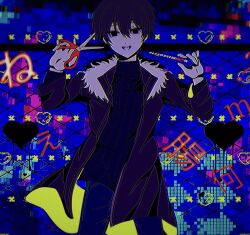 Rule 34 | 1boy, black hair, black jacket, black shirt, black sweater, blue background, boxcutter, bug (vocaloid), censored, fur-trimmed jacket, fur trim, gate, holding, holding scissors, jacket, looking at viewer, male focus, mosaic censoring, multicolored clothes, multicolored jacket, open mouth, scissors, shirt, smile, solo, sweater, translation request, tsugino haru, turtleneck, world execute, yellow jacket, zeno (game)