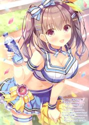 Rule 34 | 1girl, :d, absurdres, armband, bare shoulders, blue shirt, blue skirt, blush, bottle, bow, breasts, brown eyes, brown hair, cheerleader, choker, cleavage, collarbone, cowboy shot, crop top, hair bow, hair ornament, hairclip, highres, holding, holding bottle, holding pom poms, leaning forward, long hair, looking at viewer, medium breasts, midriff, miniskirt, navel, open mouth, original, outdoors, petals, pleated skirt, pom pom (cheerleading), ribbon, ribbon choker, scan, shadow, shirt, skindentation, skirt, sleeveless, sleeveless shirt, smile, solo, standing, sunlight, sweatband, takano yuki (allegro mistic), thigh strap, twintails, water bottle, yellow ribbon
