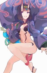 Rule 34 | 1girl, :d, ankle ribbon, ass, bare shoulders, barefoot, barefoot sandals (jewelry), black hair, breasts, fate/grand order, fate (series), feet, gourd, hair ornament, highres, horns, hsin, japanese clothes, kimono, leg ribbon, looking at viewer, navel, oni, open mouth, purple eyes, purple hair, revealing clothes, ribbon, short hair, shuten douji (fate), shuten douji (first ascension) (fate), skin-covered horns, small breasts, smile, solo, toes