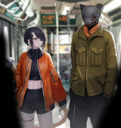 Rule 34 | 1girl, android, bad id, bad pixiv id, black hair, black pants, black shorts, blurry, blurry background, brown eyes, brown jacket, clothed robot, cyberpunk, eyepatch, hands in pockets, humanoid robot, jacket, looking at another, mihato senba, orange jacket, original, pants, pocket, robot, shorts, train interior