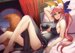 Rule 34 | 1girl, animal ear fluff, animal ears, bare shoulders, black dress, blue bow, blush, bow, breasts, center opening, china dress, chinese clothes, closed mouth, cosplay, dress, fate/extra, fate/grand order, fate (series), fox ears, fox girl, fox tail, hair between eyes, hair bow, koyanskaya (chinese lostbelt outfit) (fate), koyanskaya (fate), koyanskaya (fate) (cosplay), large breasts, legs, licking lips, long hair, looking at viewer, lying, muunyan (yumenekoya), on back, on bed, pillow, pink hair, ponytail, side slit, sidelocks, smile, tail, tamamo (fate), tamamo no mae (fate/extra), tongue, tongue out, underboob, yellow eyes