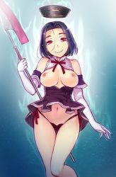 Rule 34 | 1girl, bare shoulders, black hair, breasts, breasts out, glaive (polearm), halo, kantai collection, looking at viewer, mechanical halo, medium breasts, navel, nekomata naomi, nipples, polearm, purple eyes, school uniform, short hair, skirt, smile, solo, tatsuta (kancolle)