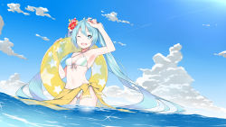 Rule 34 | 1girl, armpits, bikini, blue eyes, blue hair, breasts, cleavage, day, fhang, flower, front-tie bikini top, front-tie top, groin, hair flower, hair ornament, hatsune miku, highres, long hair, matching hair/eyes, navel, ocean, one eye closed, open mouth, outdoors, partially submerged, red flower, see-through, sky, small breasts, solo, swimsuit, transparent, twintails, vocaloid, wading, wallpaper, water, white bikini