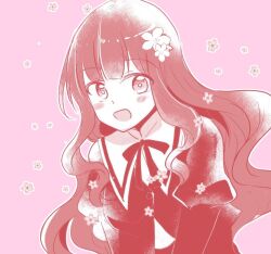 Rule 34 | 1girl, :d, assault lily, blunt bangs, blush, buttons, commentary request, flower, hair flower, hair ornament, juliet sleeves, kaede johan nouvel, long hair, long sleeves, looking at viewer, monochrome, neck ribbon, open mouth, pink background, puffy sleeves, ribbon, school uniform, shindo, shirt, sidelocks, simple background, smile, solo, upper body, wavy hair, yurigaoka girls academy school uniform