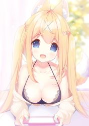 Rule 34 | 1girl, amamiya mei, animal ear fluff, animal ears, blonde hair, blue eyes, blue nails, blurry, blurry background, breasts, camisole, cleavage, clothes down, commentary, fox ears, fox girl, fox tail, hair between eyes, hair ornament, handheld game console, highres, long hair, looking at viewer, lying, medium breasts, nail polish, on stomach, open mouth, original, p19, sidelocks, sleeves past wrists, smile, solo, sweater, tail, twintails, white sweater, x hair ornament