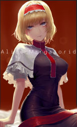Rule 34 | 1girl, alice margatroid, bad id, bad pixiv id, black dress, blonde hair, blue eyes, breasts, capelet, character name, closed mouth, covered navel, dress, eit (ikeuchi), frilled capelet, frilled headband, frills, hair intakes, headband, highres, large breasts, looking at viewer, red background, red headband, red neckwear, short hair, short sleeves, simple background, solo, touhou, white capelet