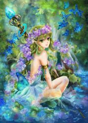 Rule 34 | 1girl, bare shoulders, barefoot, braid, bug, butterfly, flower, green eyes, green hair, hair flower, hair ornament, bug, lips, manbosakuranbo, matching hair/eyes, nature, original, pointy ears, smile, solo, staff, water, wavy mouth