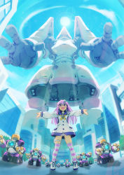 Rule 34 | 10s, 1girl, :d, boots, building, city, collar, d-pad, day, dress, female focus, hair ornament, highres, lens flare, long hair, long sleeves, mecha, neckerchief, nepgear, neptune (series), open mouth, outdoors, outstretched arms, over-kneehighs, panties, pantyshot, pink hair, purple eyes, purple hair, robot, sailor collar, sailor dress, segamark, sky, smile, solo, spread arms, standing, striped clothes, striped panties, striped thighhighs, sun, thighhighs, underwear
