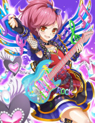 Rule 34 | &gt;:d, 10s, 1girl, :d, aikatsu!, aikatsu! (series), bad id, bad pixiv id, blush, bow, collar, english text, fingerless gloves, fishnets, gem, gloves, guitar, hair bow, heart, heirou, instrument, jewelry, musical note, necklace, open mouth, otoshiro seira, plectrum, red eyes, red hair, smile, solo, staff (music), star (symbol), v-shaped eyebrows