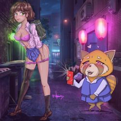 Rule 34 | aggressive retsuko, alley, ass, breasts, brown hair, covered erect nipples, green eyes, heart, heart-shaped pupils, hellmosillo, highres, non-web source, panties, pink eyes, pink panties, retsuko, school uniform, symbol-shaped pupils, thighs, underwear