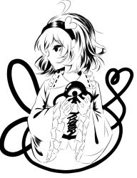 Rule 34 | 1girl, :|, ahoge, bags under eyes, blouse, closed mouth, commentary, cropped torso, expressionless, frilled shirt collar, frilled sleeves, frills, greyscale, hair ornament, hairband, hanokami, heart, heart hair ornament, heart of string, high contrast, highres, holding, komeiji satori, long sleeves, looking at viewer, looking to the side, medium hair, monochrome, profile, ribbon trim, shirt, solo, third eye, touhou, upper body, wide sleeves