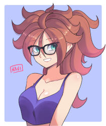 Rule 34 | 1girl, alternate hairstyle, android 21, aqua eyes, artist name, bare arms, blush, breasts, brown hair, cleavage, collarbone, dragon ball, dragon ball fighterz, glasses, grin, hair between eyes, highres, long hair, medium breasts, navietta, ponytail, smile, solo